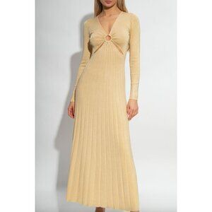 MICHAEL MICHAEL KORS Metallic Pleated O Ring Maxi Dress Gold Cream Womens Size X